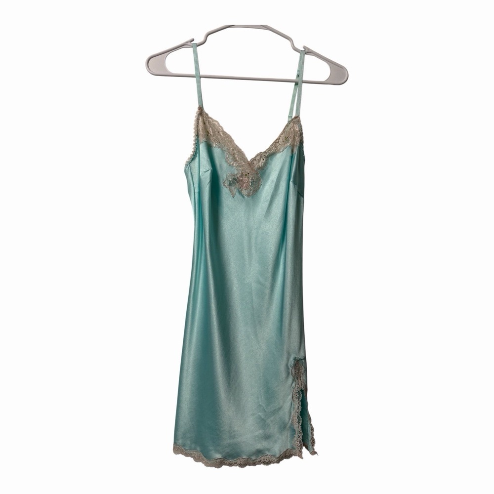 Victorias Secret Aqua Satin Lace Slip Nightgown Chemis Sleep Dress Small